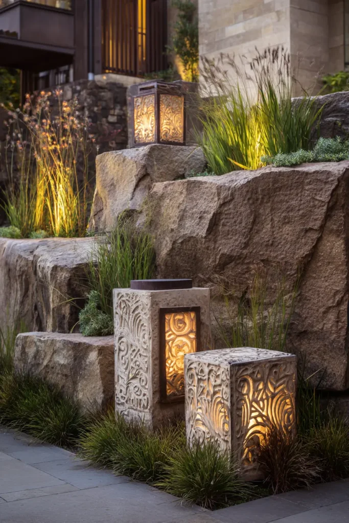 Illuminated Stone Border Garden Design