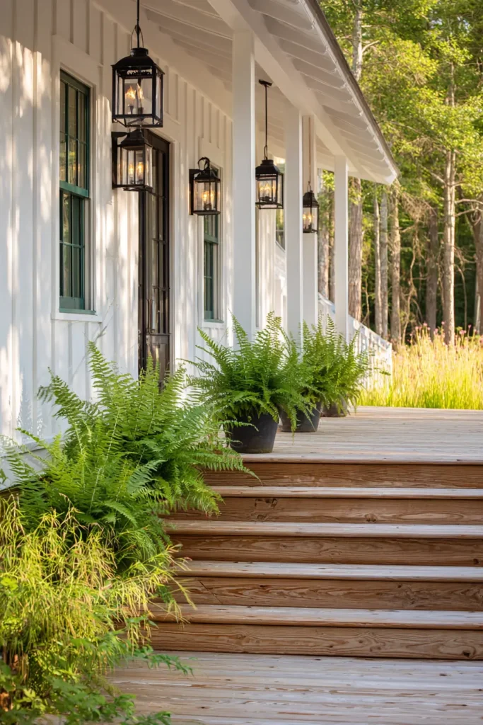 Lush Ferns Adorning Rustic Porch Steps
