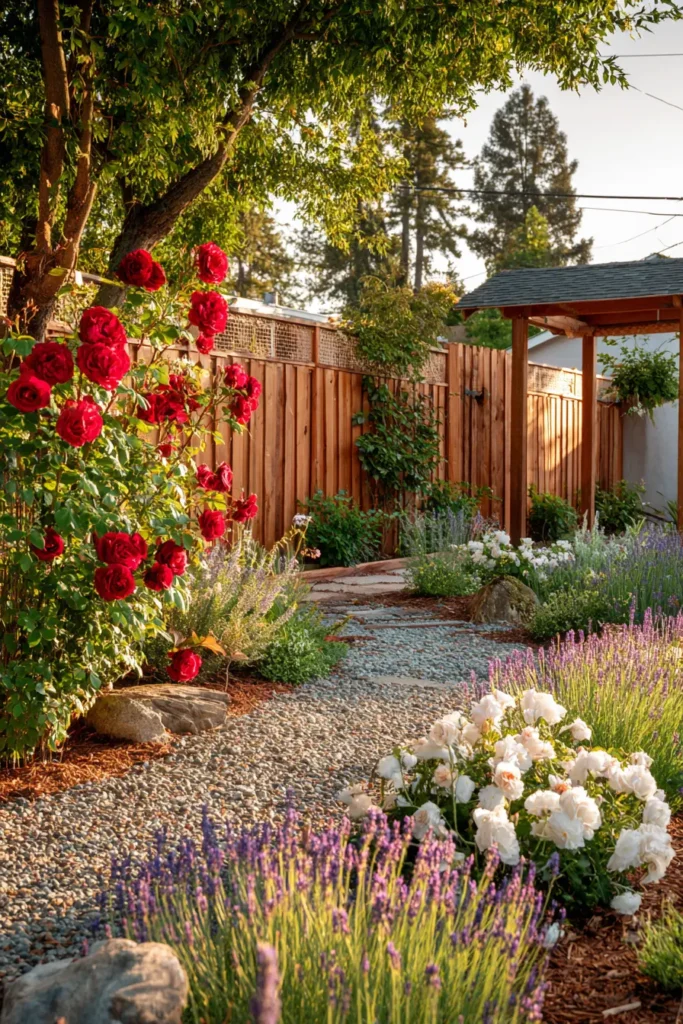 Lush Front Garden with Deep Red Roses