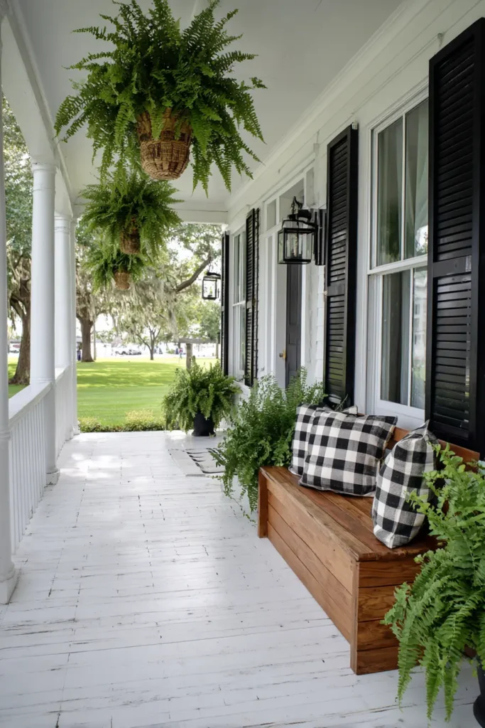 Lush Green Hanging Ferns on Porch