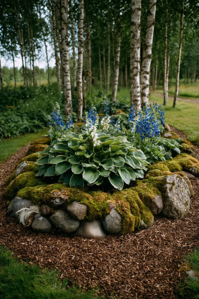 Lush Hostas with Blue Flowers