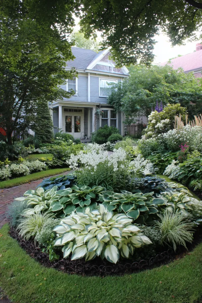 Lush Hostas with Delicate Ferns