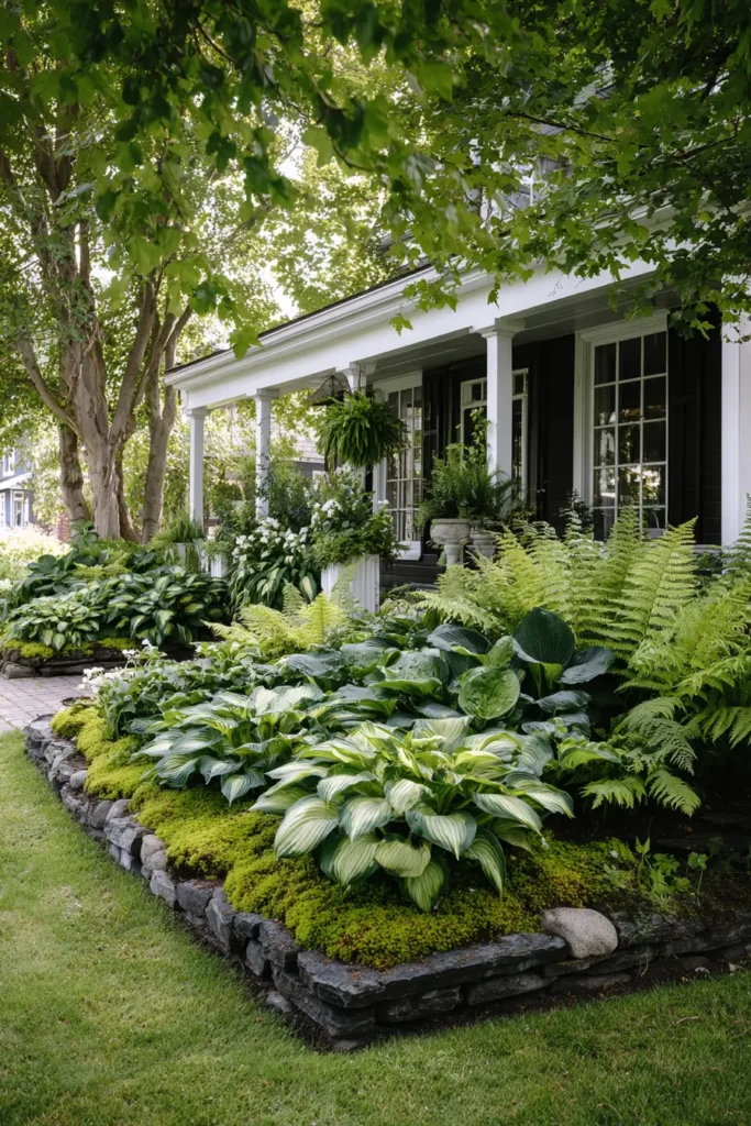Lush Hostas with Ferns and Moss