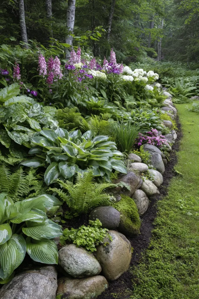 Lush Hostas with Stone Border