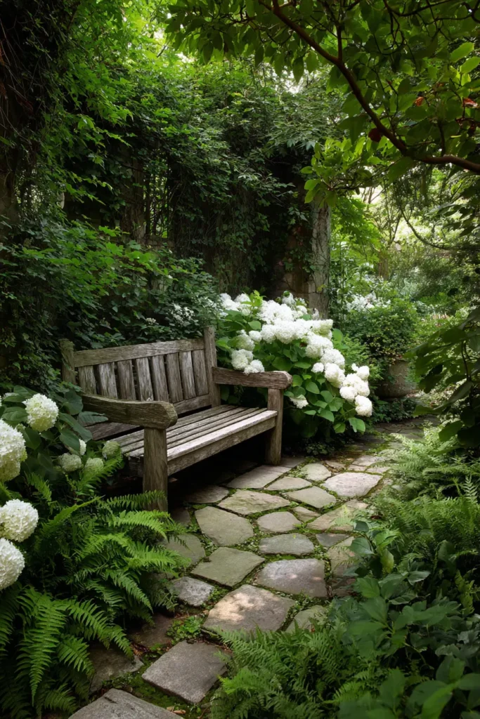 Lush Hydrangea and Fern Pathway