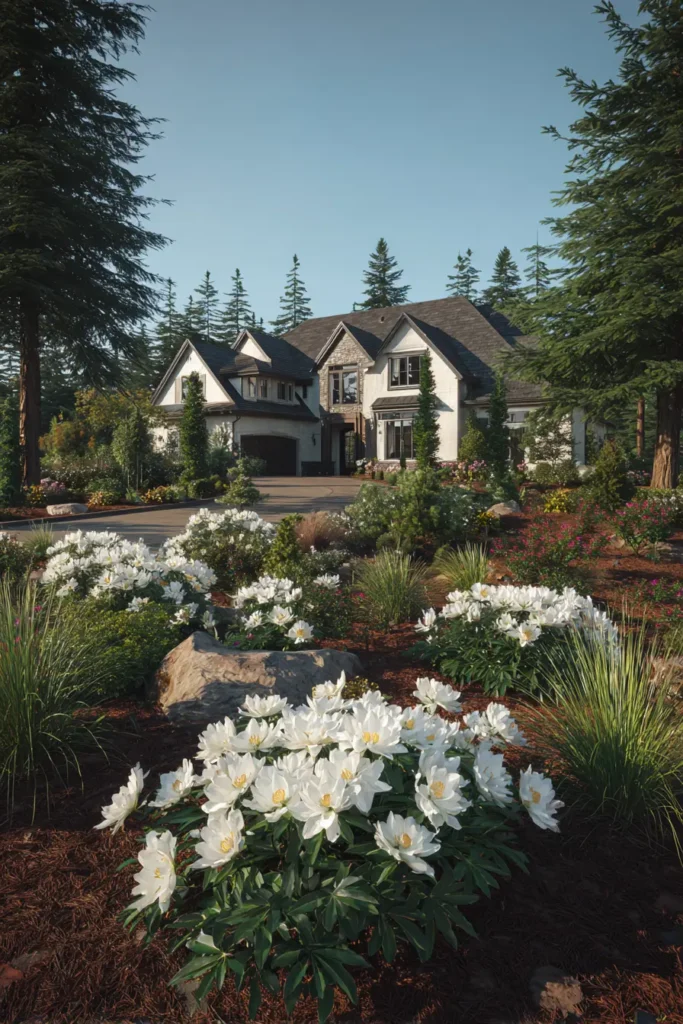 Lush Mulch Garden with White Hydrangeas