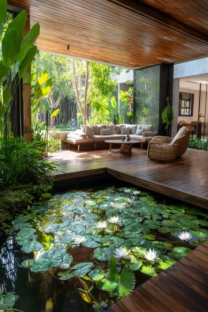 Lush Tropical Courtyard with Water Lilies