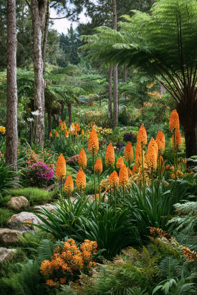Lush Tropical Garden with Orange Blooms