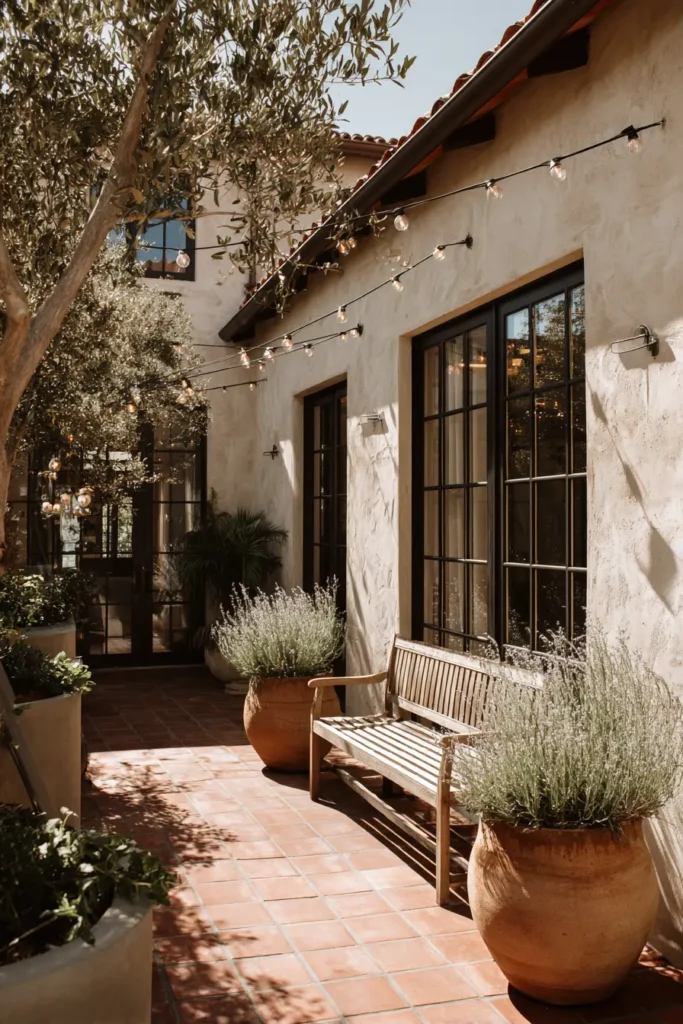 Mediterranean Courtyard with Lavender Planters