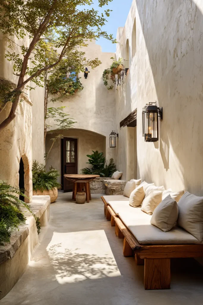 Minimalist Courtyard with Blooming Trees