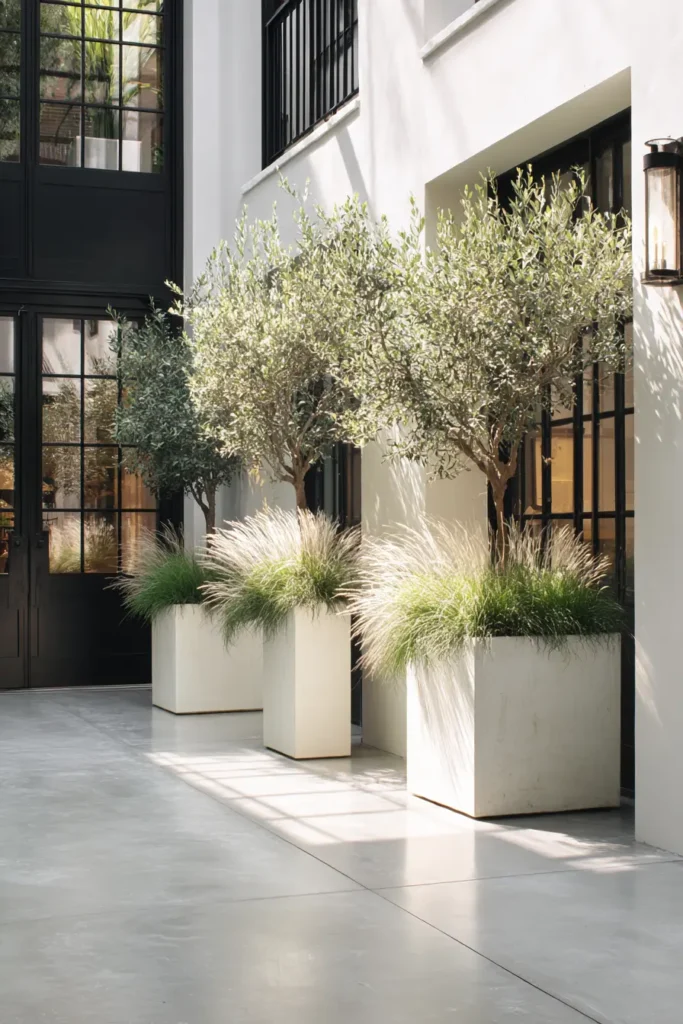 Minimalist White Planters with Grasses