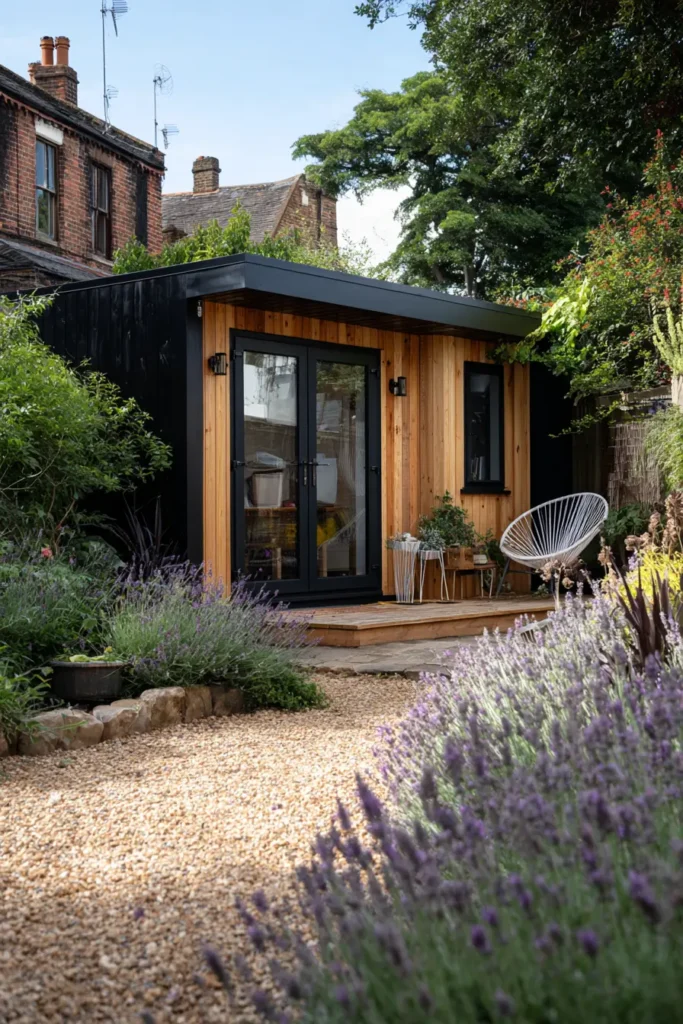 Modern Black Shed with Wood Accents