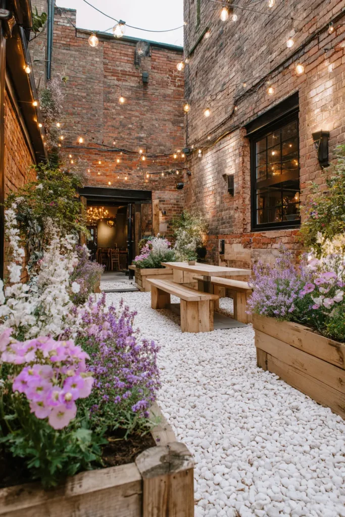 Modern Gravel Courtyard with Pink Flowers