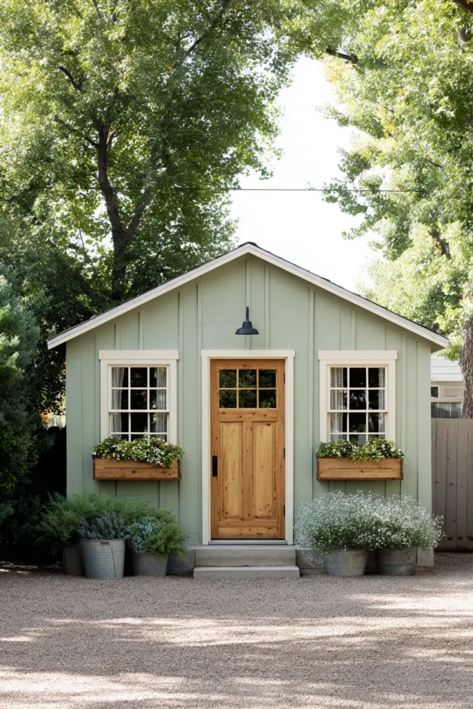 Modern Green Shed with Pink Flowers