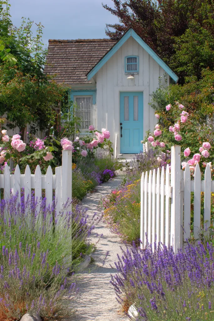 Neat Cottage Garden with Pink and White Roses