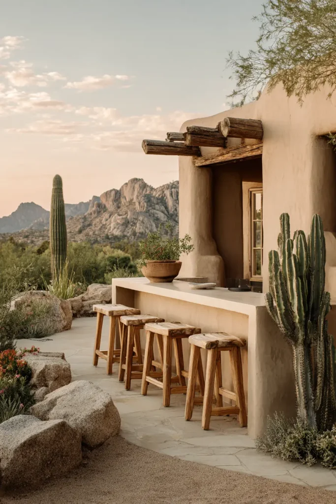 Outdoor Kitchen With Rustic Charm And Bar Seating