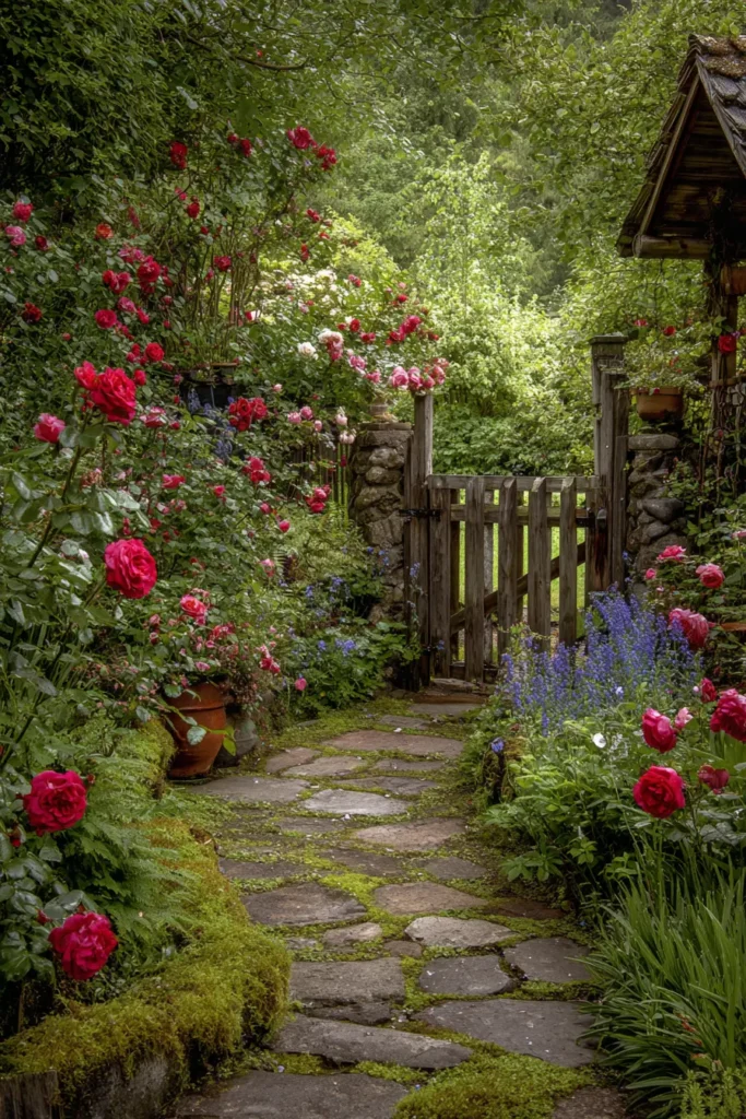 Overgrown Cottage Garden with Crimson Roses