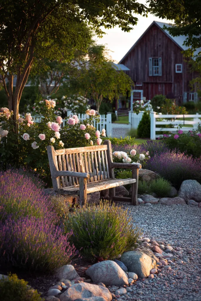 Quaint English Cottage Garden with Lavender and Roses