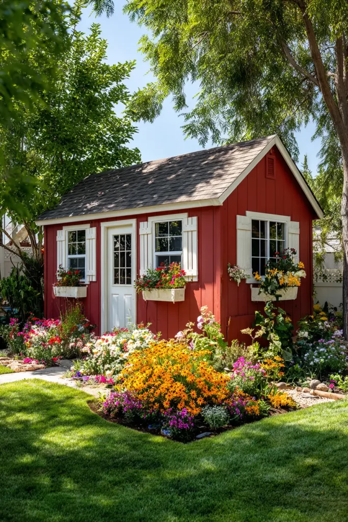 Red Garden Shed with Flower Boxes