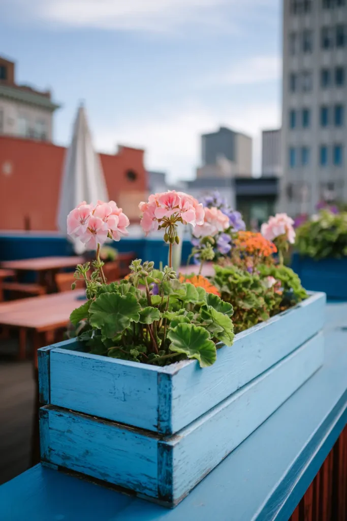 Rustic Blue Planter with Geraniums