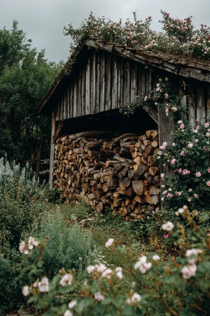 Rustic Firewood Shed with Roses