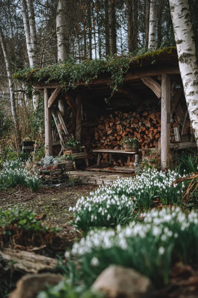 Rustic Firewood Shed with Seating