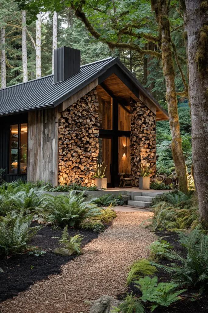 Rustic Firewood Shed with Stone Pathway