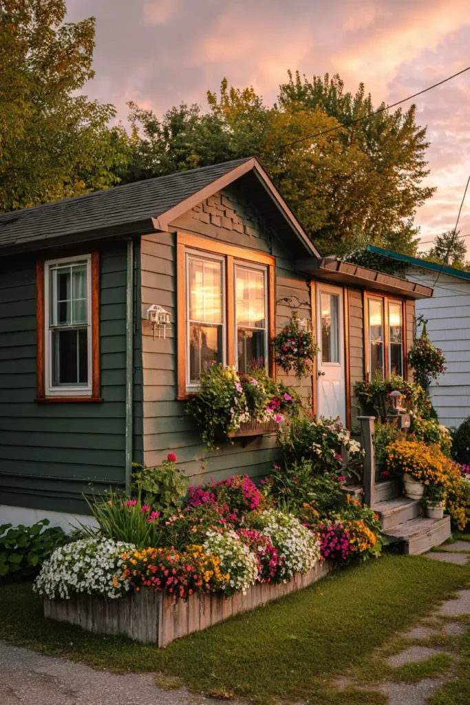 Rustic Green Shed with Flower Beds