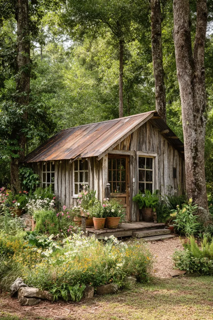 Rustic Shed Surrounded by Flowers