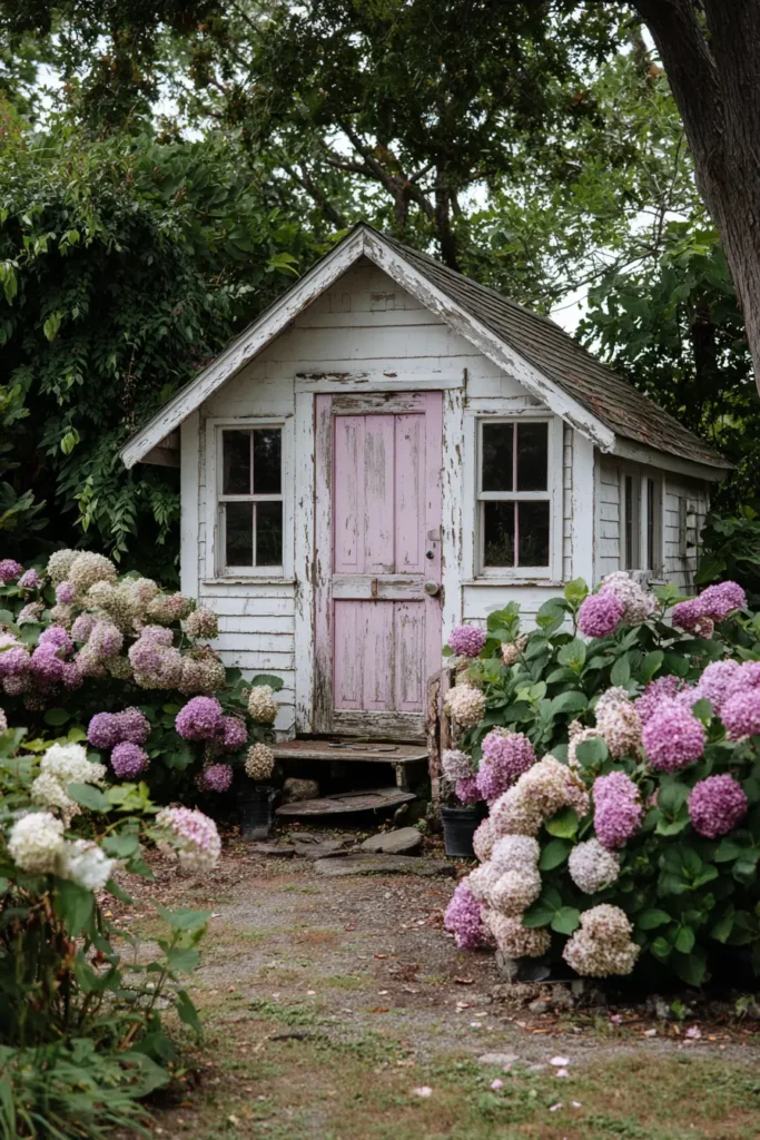 Rustic Shed with Hydrangea Borders
