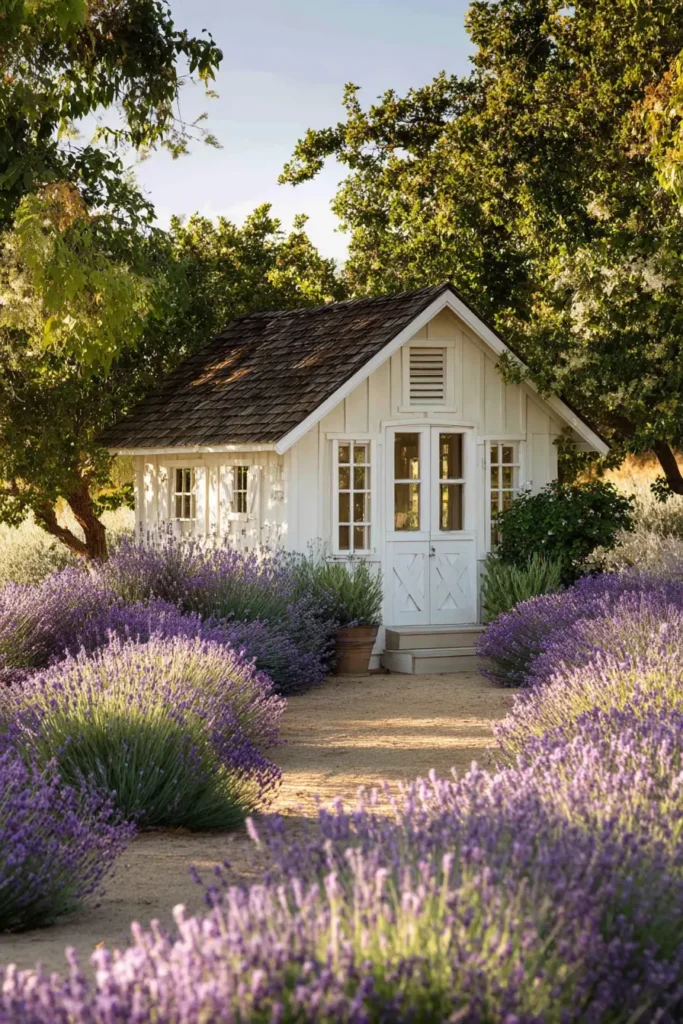 Rustic White Garden Shed with Flowers