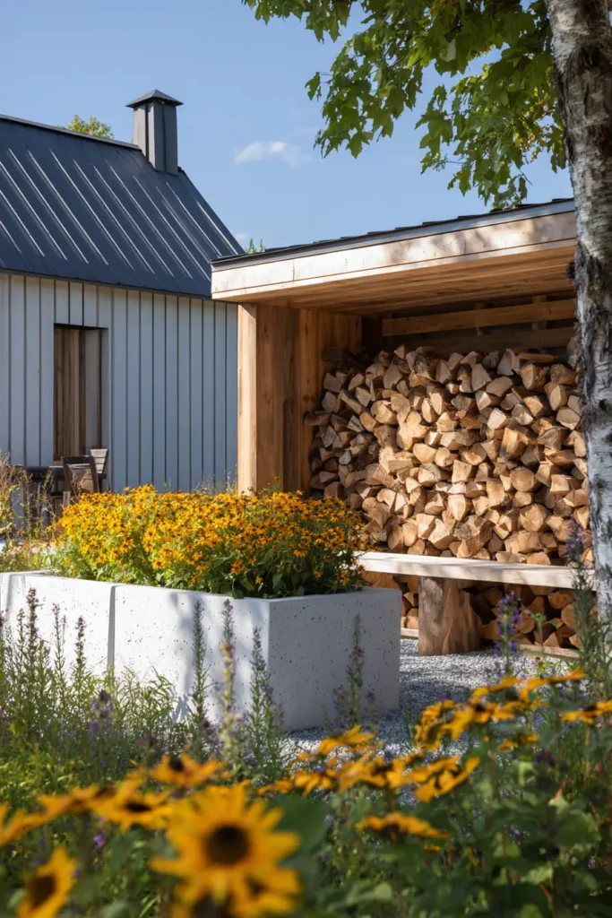 Rustic Wood Storage with Flower Beds