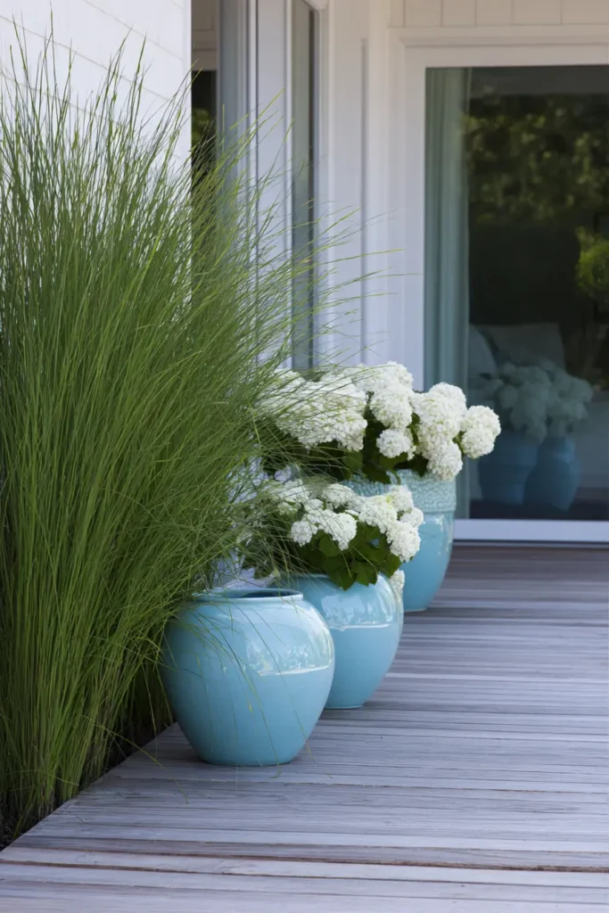 Serene Blue Planters with White Blooms