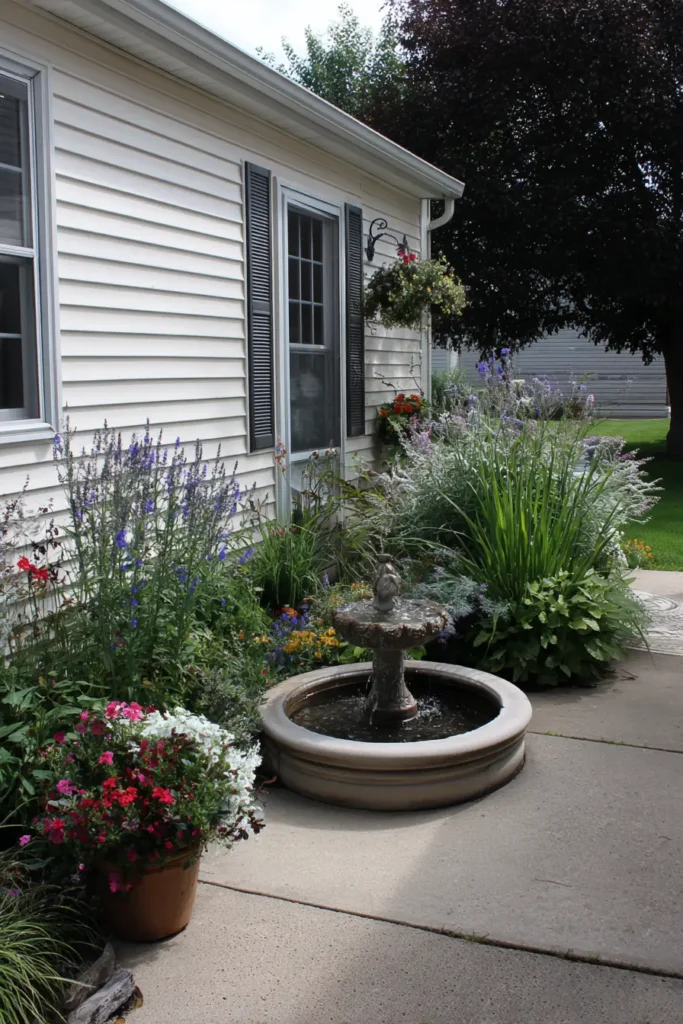 Serene Floral Oasis with Water Feature