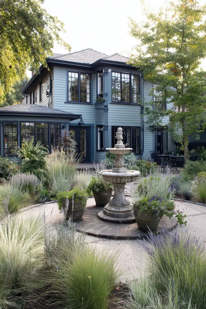 Serene Flower Beds with Elegant Birdbath