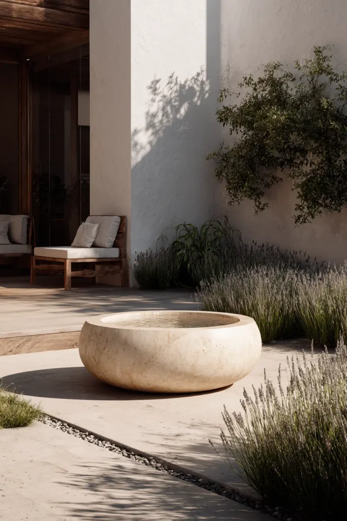 Serene Modern Garden with Bird Bath
