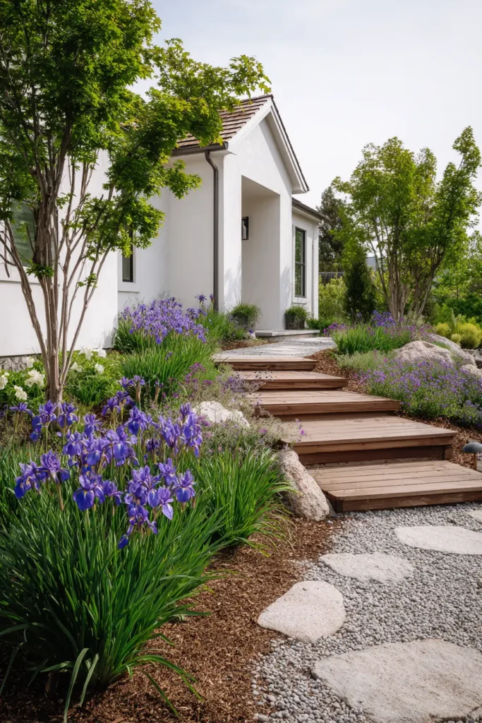 Serene Mulch Pathway with Irises