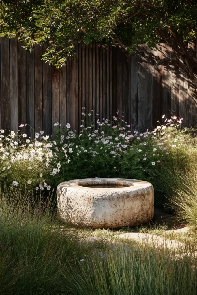 Serene Oasis with Cosmos and Birdbath