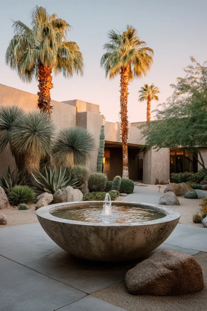 Sleek Desert Garden Featuring A Fountain