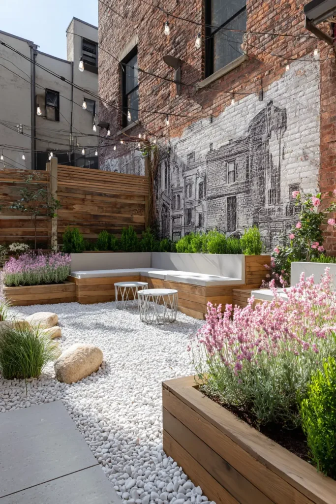 Sleek Gravel Courtyard Featuring Floral Accents