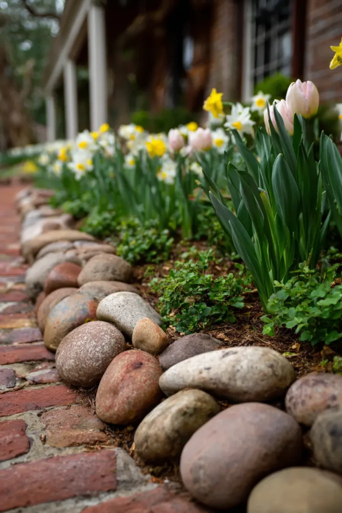 Springtime Garden Border with River Rocks
