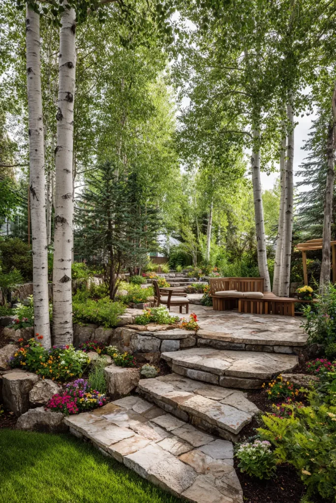 Tiered Floral Patio with Aspens