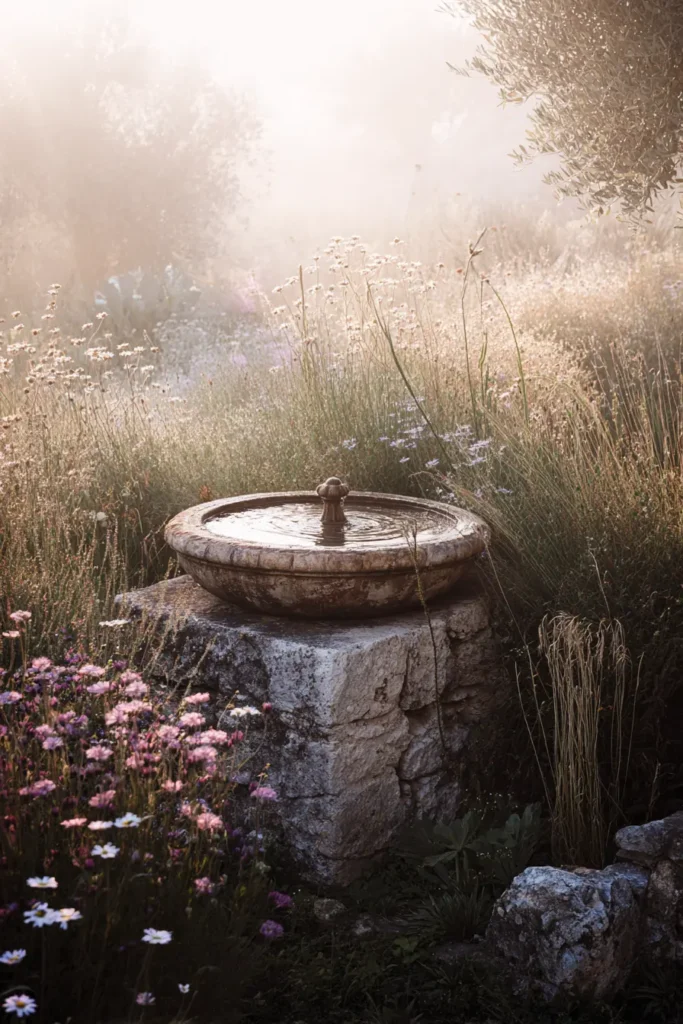 Tranquil Fountain Surrounded by Flowers