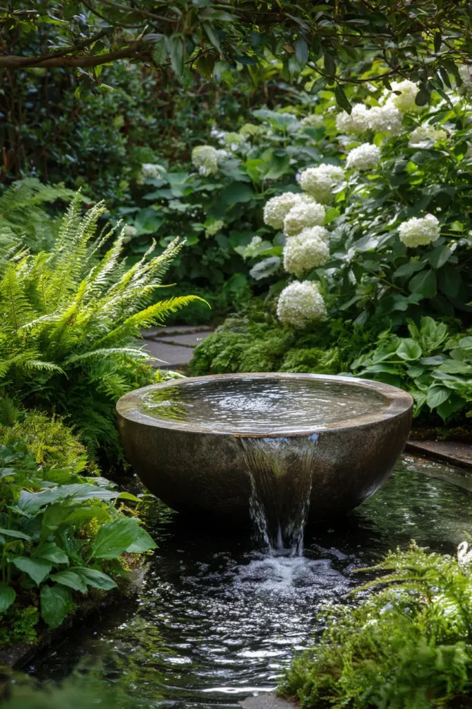 Tranquil Fountain Surrounded by Hydrangeas