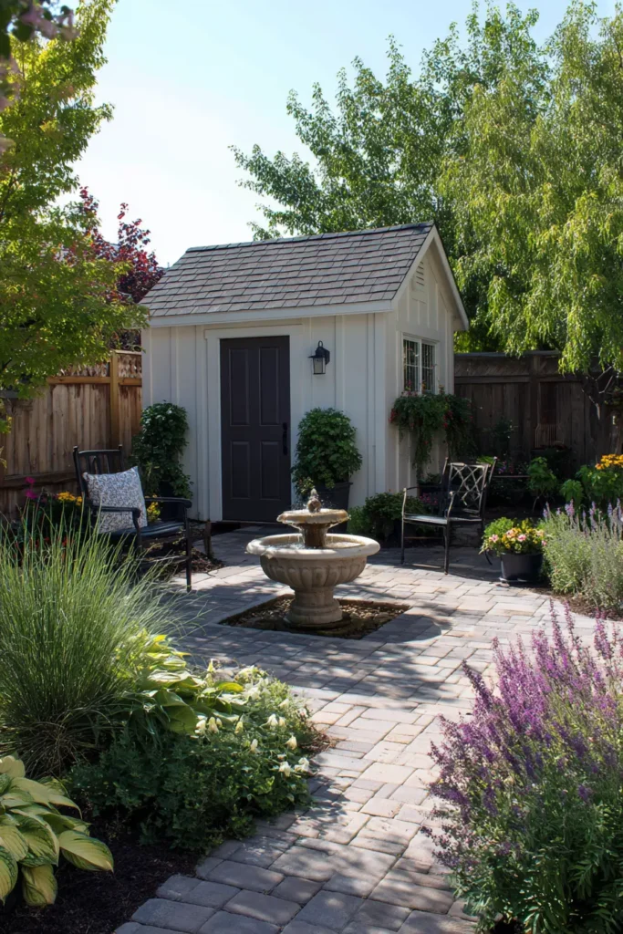 Tranquil Hosta Garden with Bird Bath