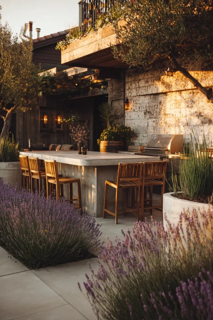 Trendy Outdoor Kitchen With Bar Seating
