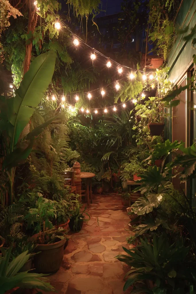 Tropical Garden Illuminated At Night