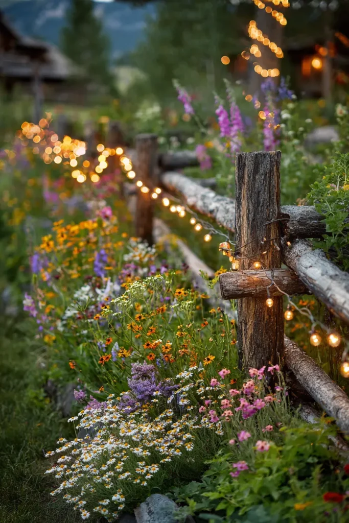 Vibrant Flower Border with String Lights