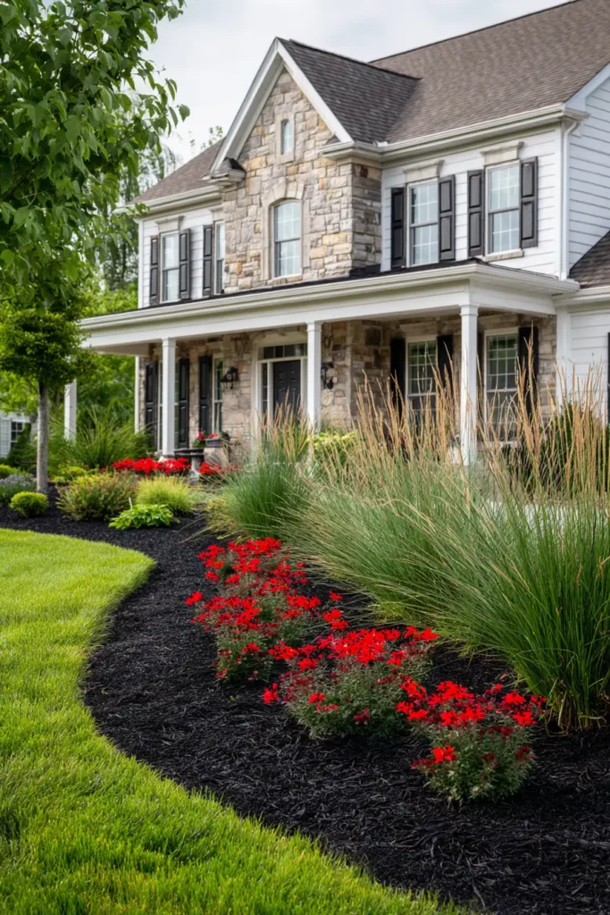 Vibrant Garden with Black Mulch Contrast