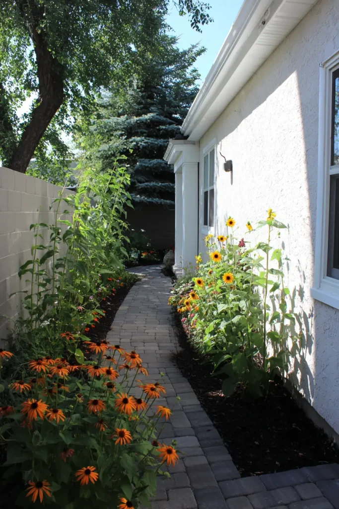 Vibrant Garden with Black Mulch Pathway